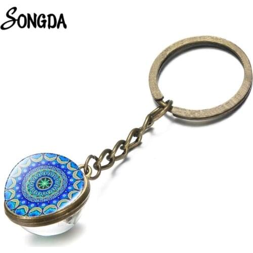 Mandala Pattern Keychain Glass Ball Pendant Buddhist Sacred Geometry Keyring Spiritual Jewelry Mandala Flower Accessories