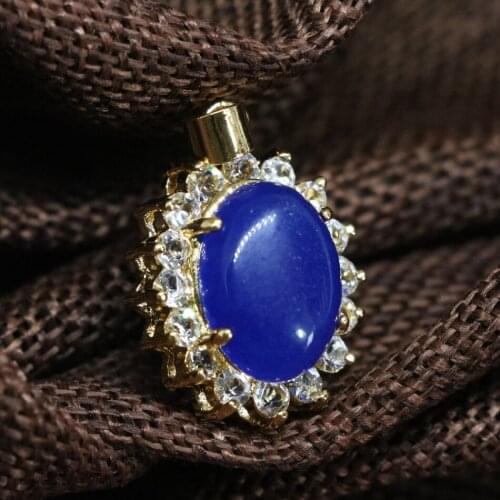 Elegant blue jades chalcedony stone oval egg drop pendant inlay hollow rhinestone high grade jewelry making 19*23mm B1861
