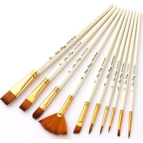 10 Pieces/Set Nylon Hair Wooden Handle Watercolor Paint Brush Pen DIY Oil Acrylic Drawing Art Brushes Stationery Supplies