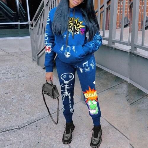 Two Piece Set For Women Fashion Graffiti Print Front Pocket Hoodies And Pants Suit Autumn Winter New Street Style Leisure Outfit