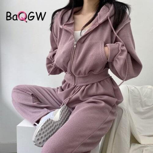 BaQGW Womens Loose Solid Sports Set Casual Zipper Coat Long Sleeve Hooded Collar Sweater & Wide Leg Pants Two-piece Set Outfits