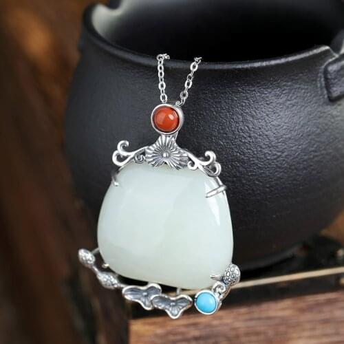 Sterling Silver Pendant inlaid with Hotan Jade White Jade Peony Flower ladys high-grade sweater chain pendant Pendant