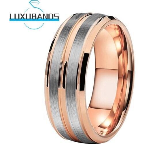Men Wemens Wedding Bands Beveled Edges Flat Rose Gold Three Grooved Tungsten Engagement Rings Brushed Finished Comfort Fit
