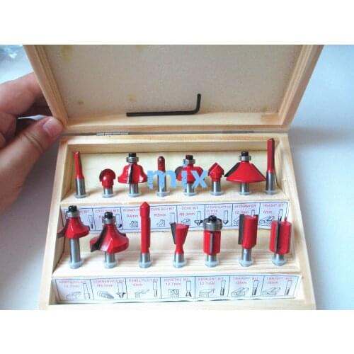 15pc Router Bit Set 1/4" 6.35mm Shank Wood Carving Tungsten Carbide Tipped Woodworking Milling Cutter Trimming knife w/Wood case