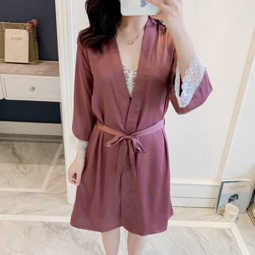 New Spring and Summer Ice Silk Womens Robe Sexy Nightdress Bathrobe Two Piece Suit Autumn Nightdress Home Wear Sexy Nightgown