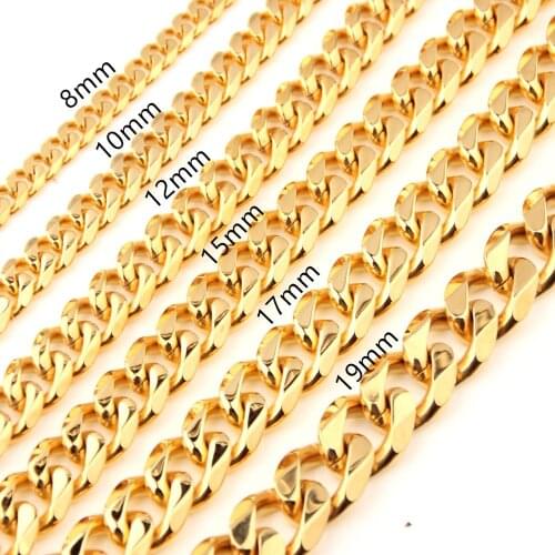 5/8/10/12/15/17/19mm Punk Mens Gold Tone Stainless Steel Curb Cuban Link Chain Mens Necklace Jewelry 7-40inch