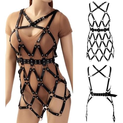 Goth Leather Harness BDSM Halter Lingerie Hollow Out Cage Dress Punk Full Body Bondage Skirt Stage Performance Clothing Garter
