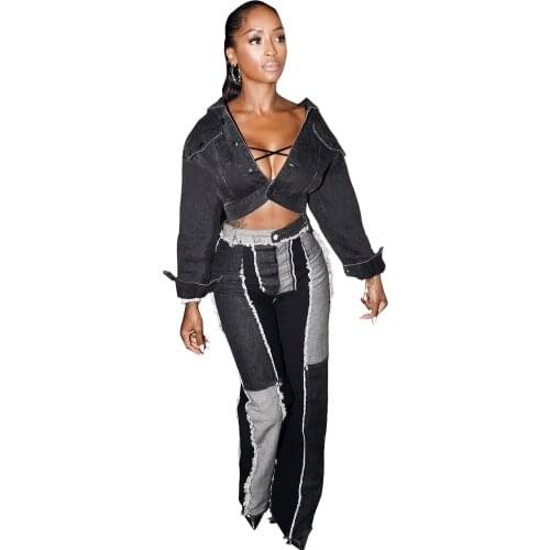 Casual Patchwork Long Jeans Women High Waist Streetwear Sexy Color Block Denim Trousers Grey Black Cargo Pants Ladies Clothes