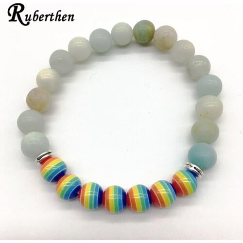 Ruberthen 2018 New Design Rainbow Bead Bracelet Trendy Matte 7 Chakra Amazonite Bracelet Best Birthday Gift for Her