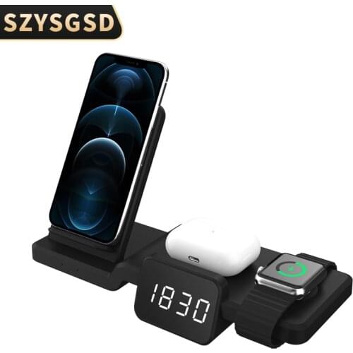 LED Electric Alarm Clock Digital Thermometer Clock Date 15W Wireless Charger Stand for iPhone and Watch Charger 4in1 3 in 1