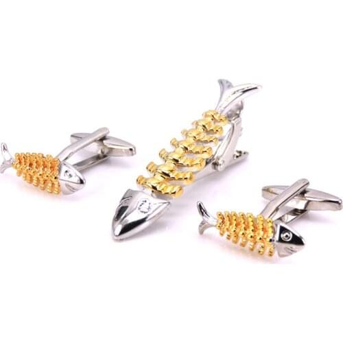 DY A set new high quality copper gold silvery fish Cufflinks tie clip fashion mens wedding Cufflinks tie clip set