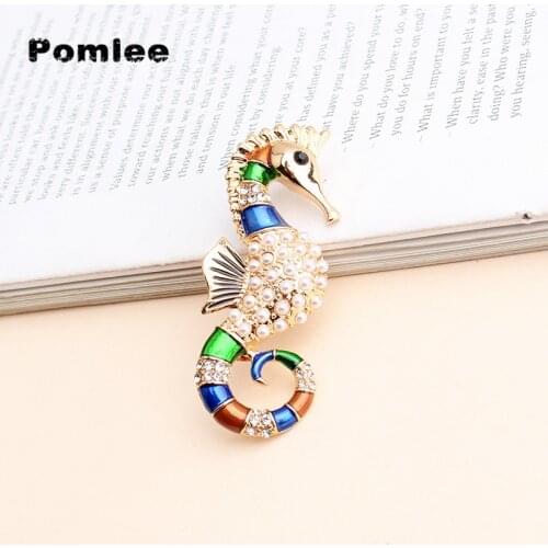 Pomlee Enamel Hippocampus Coral Starfish Brooches Women Pearl Animal Ocean Series Party Office Brooch Pins Jewelry Gifts