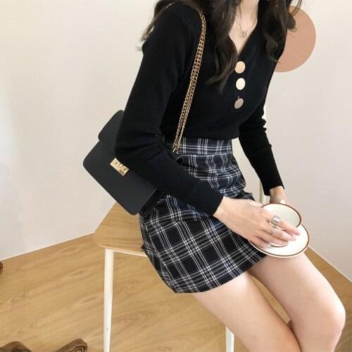 INMRE Womens bottoming shirt with v-neck in 2020 new slim knitted long-sleeved sweater trendy black top women