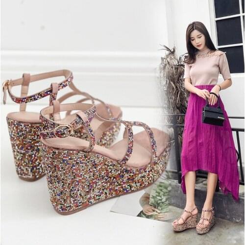 Korean version of the new summer hollow diamond wedge sandals fashion wild 12cm super high heel women sandals