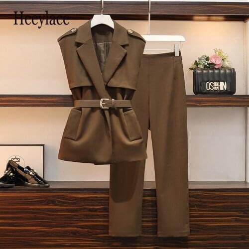 Plus Size 4XL Women Autumn Winter Clothing Elegant Office Pant Suit Noted Vest Jacket Top And Pant Two Piece Set Matching Outfit