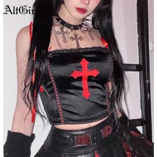 AltGirl Fairy Grunge Gothic Cross Camisole Women Mall Goth Y2k E-girl Sexy Lace Up Corset Crop Tops Harajuku Emo Alt Streetwear