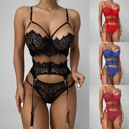 3PC New Sexy Lingerie Fashion Lace Lingerie Underwear Sleepwear G-string Pajamas Garter Lingerie Set Plus Size нижнее белье