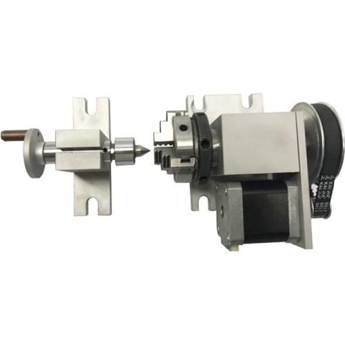 CNC 4th Rotary Axis K01 3Jaw 63mm/2.5In Lathe Chuck Nema 17 Stepper Motor Dividing Head+Tailstock for Woodworking CNC1520 Router