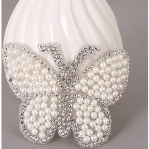 5Pcs/Lot Pearl Beaded Butterfly Embroidery Sew Patches for Clothing Diy Rhinestones Iron on Stickers Applique