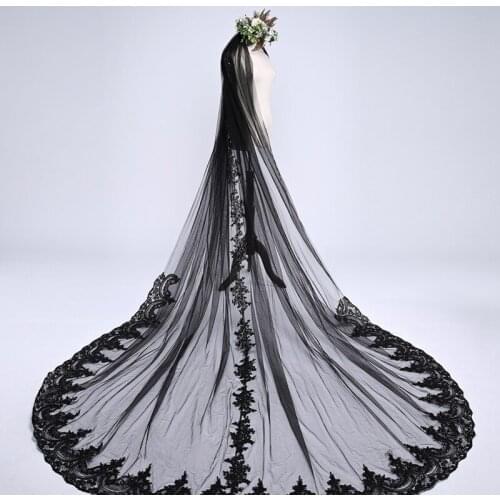 3m*3m Long Black Wedding Veil with Comb Soft Tulle with Floral Applique Wedding Accessories Bridal Veils