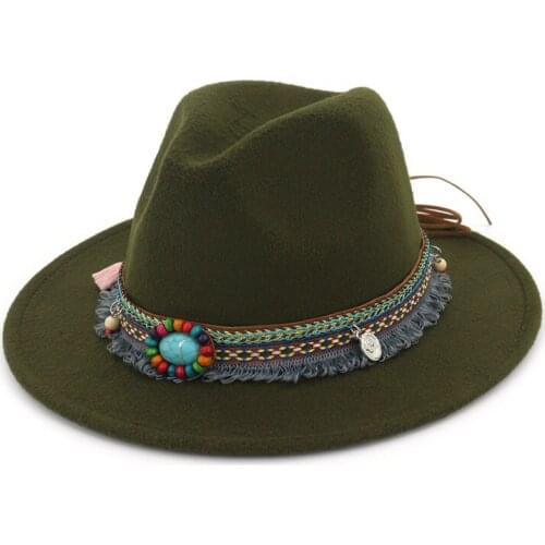 X3009 Hot Selling Woolen Hat Womens Minority National Style Retro Flat Brim Big Brim Fedora Hat Adjustable Size