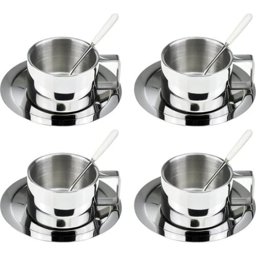 Insulated Espresso Coffee Cup Stainless Steel Double Walled Cups Latte Cappuccino Tea Cup Saucer and Spoon 200ml/6oz Set of 4