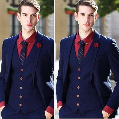 Handsome Navy Groomsmen Wedding Tuxedos Peaked Lapel Groom Mens Suits Slim Fit Man Jacket Blazer Suit (Jacket+Vest+Pants)