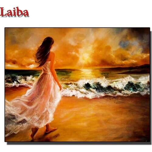 New diamond painting Girl walking by the sea wall art diamond mosaic full square round drill diamond embroidery beautiful woman