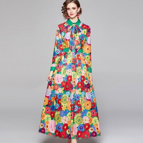 New Printing Long Dress Women Spring Summer 2021 Elegant Fashion Versatile Turn-down Collar Long Sleeve Slim Print Dress