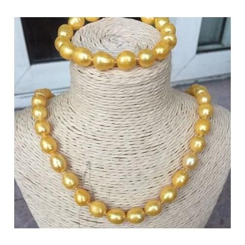 A set of 12-13mm south sea gold pearl necklace 18inch &bracelet 7.5-8inch 925silver