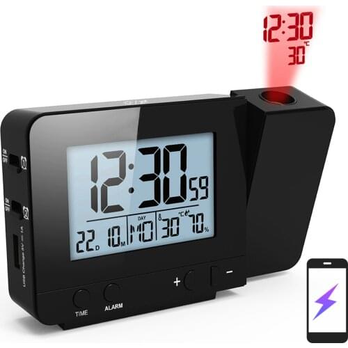 USB Charger 180°Rotable Digital Projection Alarm Clock Dimmable LED Display Project Ceiling Clock for Bedroom with Thermometer