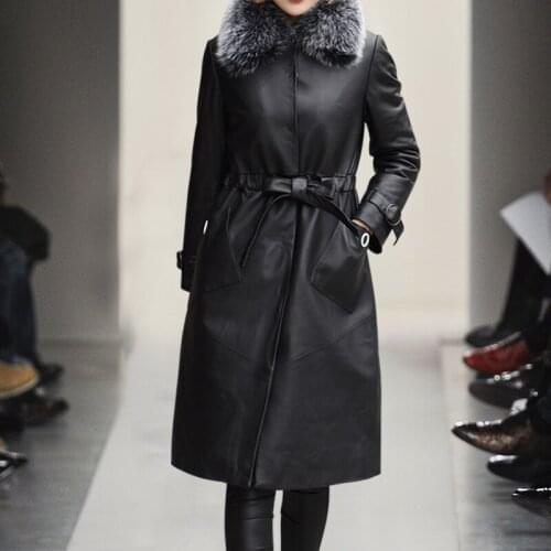 Genuine Leather Jacket Women Natural Fox Fur Collar Hooded Winter Coat Women Long Real Leather Jacket for Womens Clothing YY806