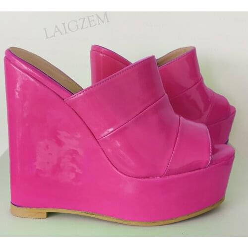 LAIGZEM Women Platform Wedges Slides Shiny Patchwork Pumps Slip On Height Increase Mules Ladies Shoes Woman Big Size 41 43 50 52