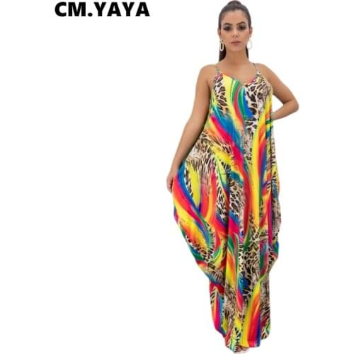 CM.YAYA Women Long Drsstie Dye Print Sleeveless Strap V-neck Pockets Loose Straight Maxi Dresses Fashion Outfit Summer 2021