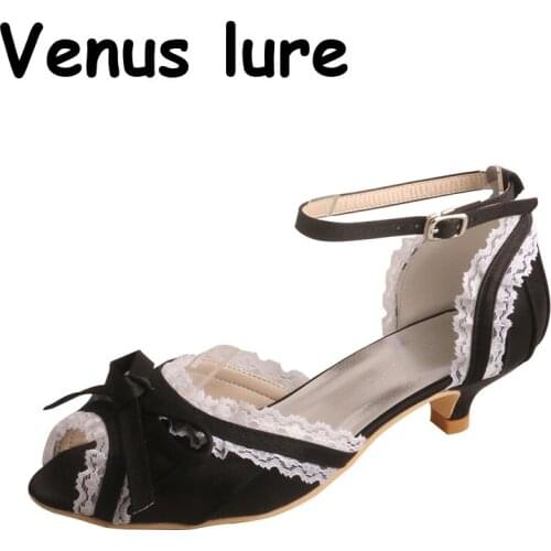 Womens Wedding Shoes Low Heel Sandals Black Satin with Ankle Strap Size 5