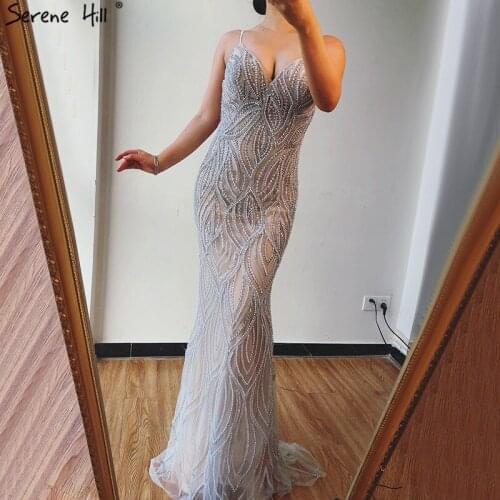 Serene Hill Nude White Mermaid Evening Dresses Gowns 2021 Spaghetti Strap Luxury Elegant For Women Party LA70214