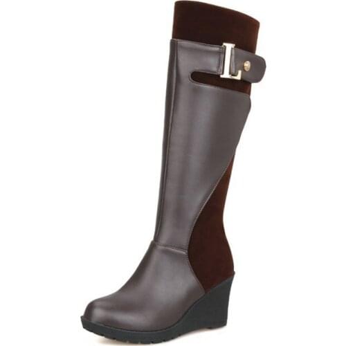 Black Color Autumn Shoes Women Zipper Round Toe Pu Leather Boots Suede Fashion Party Footwear Big Size Wedges Top Quality Shoes