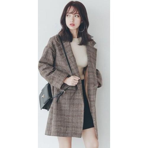 2021 Autumn Winter Korean Plaid Women Work Blazer Jacket Casual Single-Button Suit Jacket