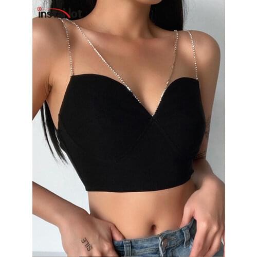 InstaHot Sexy Spaghetti Strap Cami Slim Cropped Top Women Summer Casual Backless Skinny Black Streetwear Sleeveless Camisole