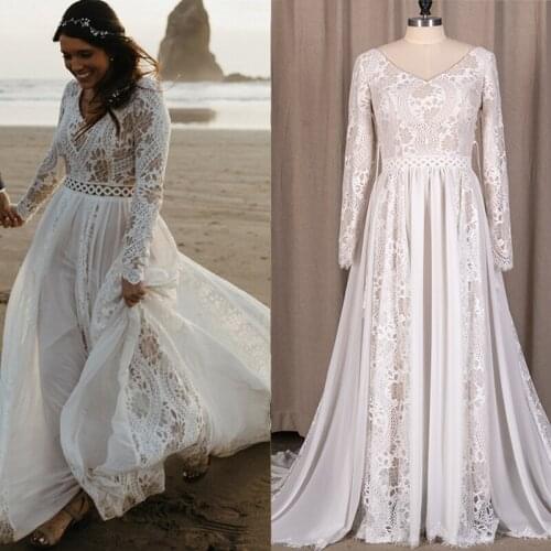 Beach Boho Elopement Photoshoot Wedding Dress V Neck Lace Chiffon A Line Seaside 2021 New Long Sleeve Bridal Gown