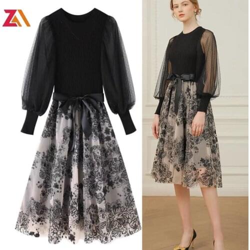 Designer Vintage Knitting Patchwork Mesh Midi Dresses For Women Autumn Long Sleeve Bow Plus Size Elasticity Female Dress Mujer