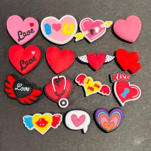 50Pcs Red Heart-shaped Mix 15types Shoe Accessories Garden Shoe Decoration for Wristbands Croc Jibz Buckle Kids X-mas Gift