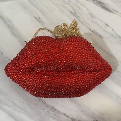 Designer Luxury Lip Shape Rhinestones Bling Purse Crystal Diamond Shoulder Bag Diamond Handbags Cosmetic Lip Bag For Woman