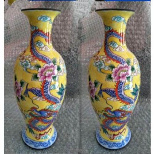 The ancient Chinese colored enamel (copper),a pair of dragons and phoenixes vase