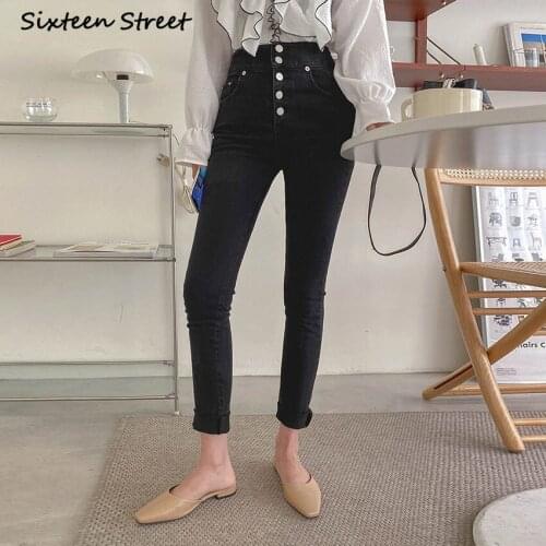 Jeans Female 2020 New Single Breasted High Waisted Y2K Pants Aesthetic Skinny Jean Slim Femme Black Denim Korean Vintage Clothes