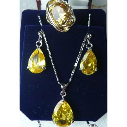 Yellow Crystal Silver Plated Earrings Ring(#7.8.9)Pendant Jewelry Set>> watch wholesale Quartz jade CZ crystal