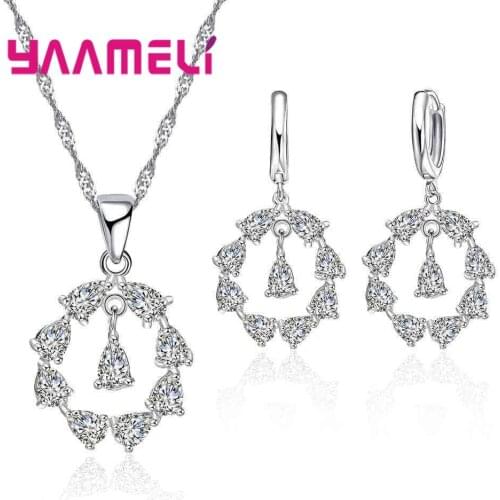 Round Cirle Design Elegant Water Drop Crystal Wedding 925 Sterling Silver Bridal Jewelry Sets For Women Accessory Gifts