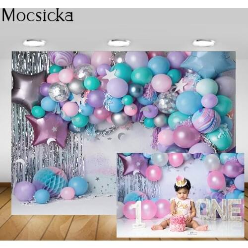 Mocsicka Baby 1st Birthday Photography Backdrops Balloons Star Child Birthday Party Cake Smash Photo Background for Photo Studio