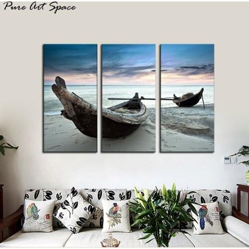 Seascape Canvas Prints Wall Art Blue Fishing Boat on Sea Beach Picture Paintings for Living Room Bedroom Office Decorations