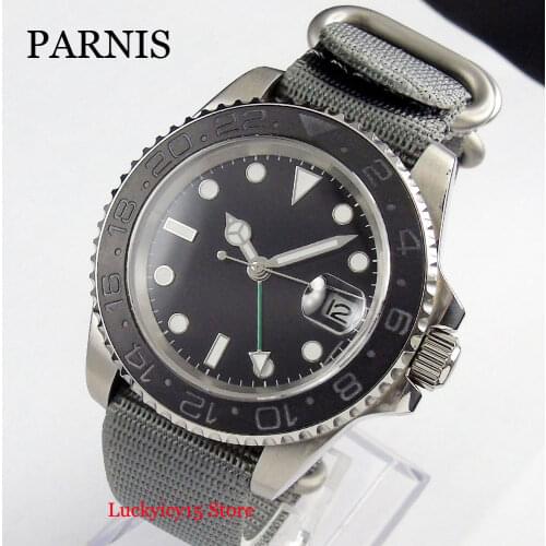 Causal Mens Watch Automatic Movement GMT Function Nylon Strap 40mm Stainless Steel Watch Case Ceramic Bezel